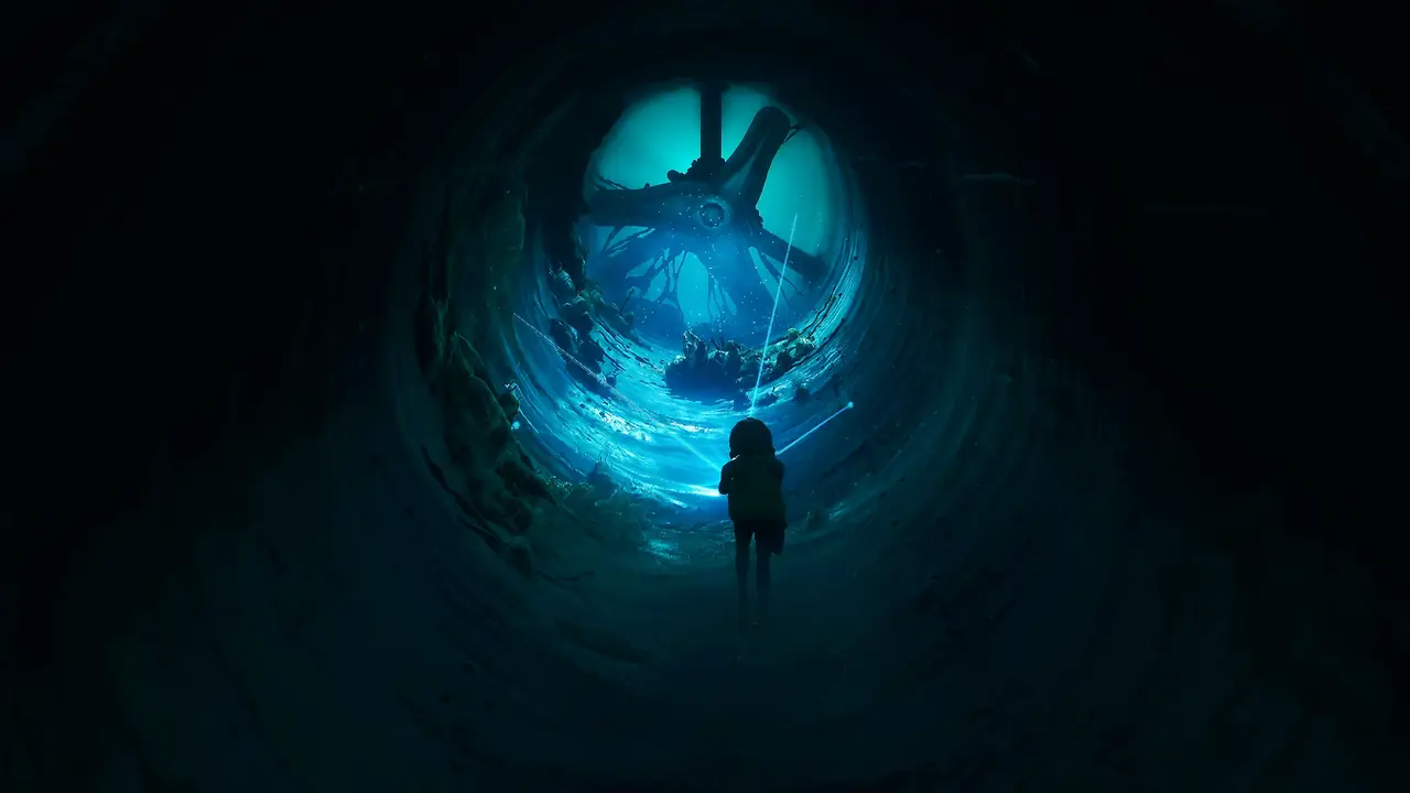 Cel at the mouth of a teal-lit circular pipe tunnel lined with organic growth